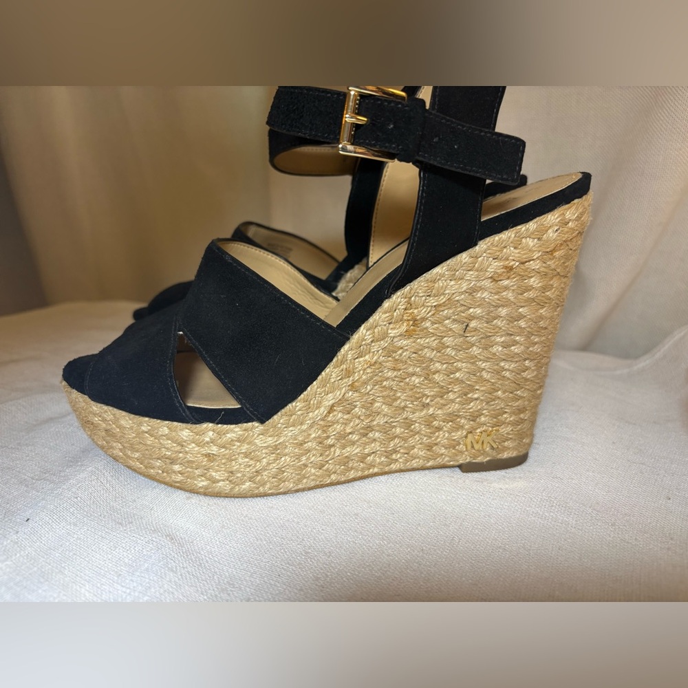 Michael Kors Black Suede Espadrille Wedge Sandals 9M Resort Luxury Resort-wear - Picture 15 of 15